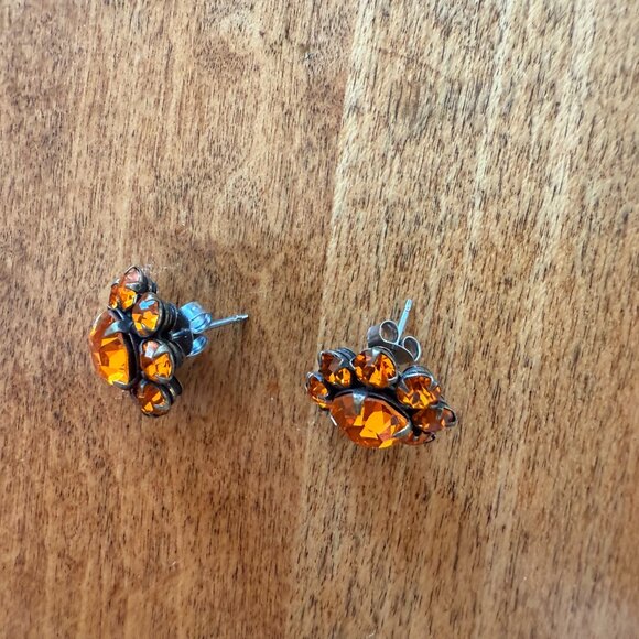 Vintage Orange Rhinestone Flower Floral Stud Earrings - Picture 8 of 8